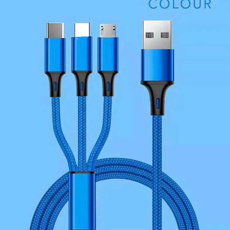 Кабель для зарядки совместимый с Apple и Huawei, 3-в-1 из braided алюминиевого сплава, длина 1,2 м, USB-A на Lightning/Type-C/Micro-USB