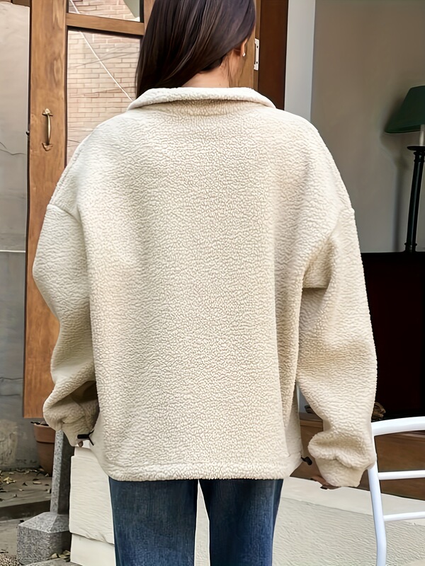 Solid Zip Front Plush Pullover Sweatshirt, Casual Long Sleev|undefined