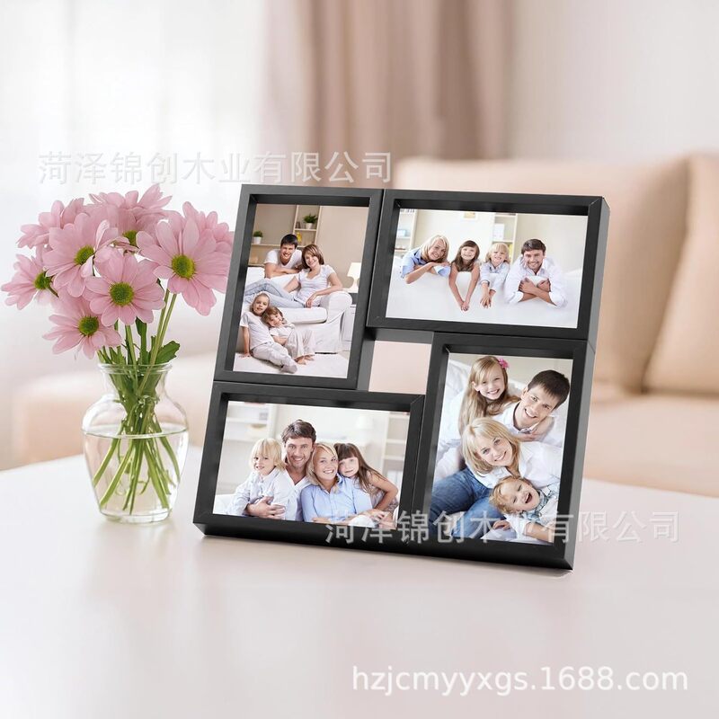 Cross-Border Wooden Black Collage Picture Frame 4 Frames 6inch Table-Mounted Conjoined Photo Frame Wall Decoration Pendant