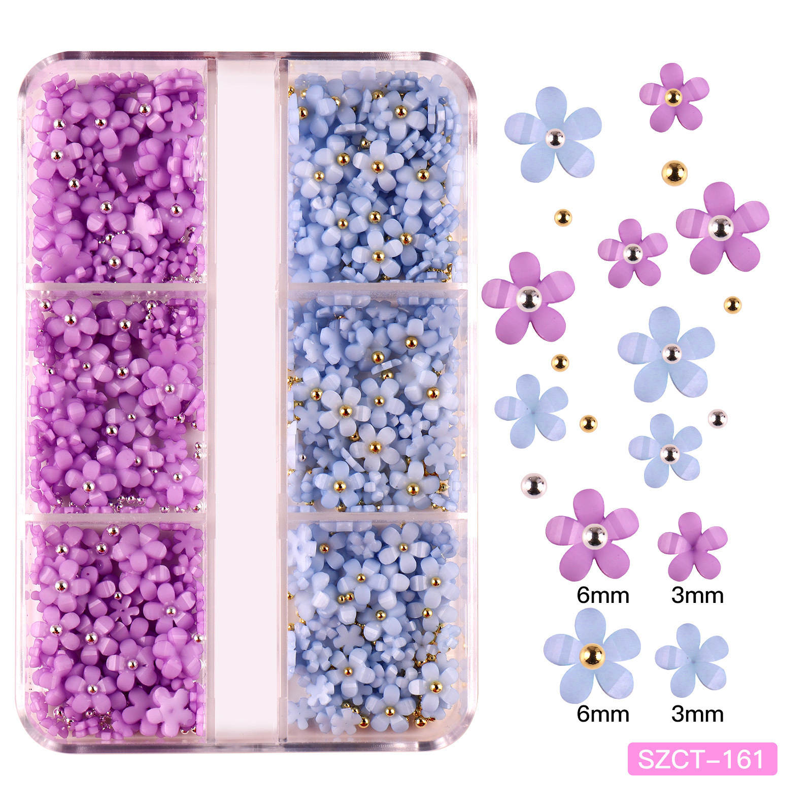 Joyas de uñas transfronterizas Juego de 6 cuadrículas de resina de uñas de color flor de cinco pétalos pequeña bola de acero decoración de uñas de vestir