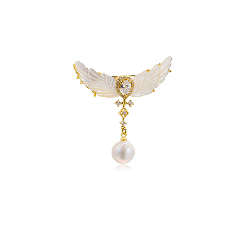 Alas de Ángel alas de concha broche de perlas nicho de alto grado de luz de lujo ramillete joyería pin 18K chapado en oro femenino