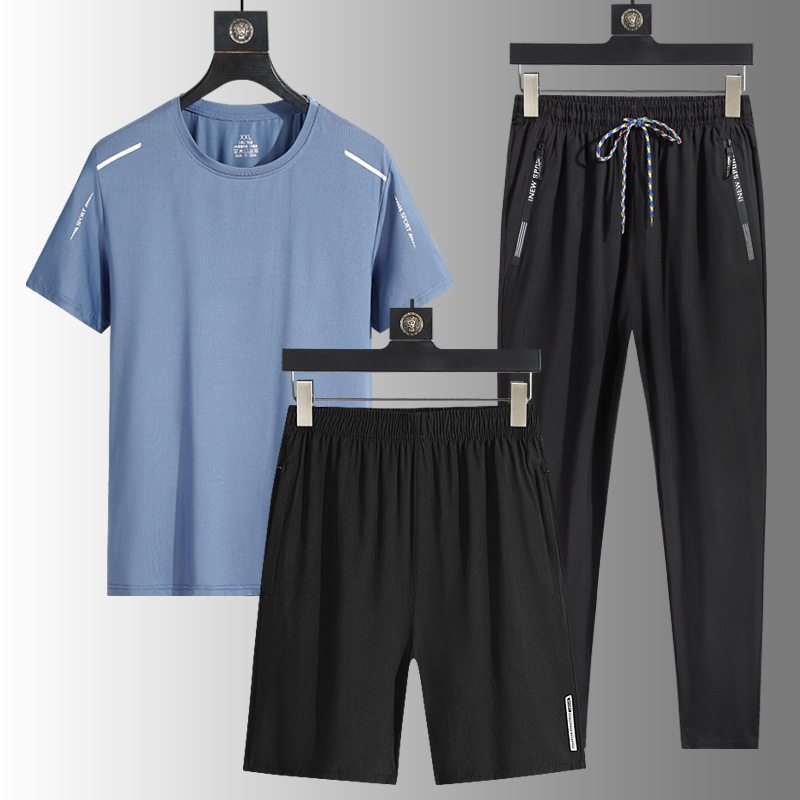 Verano de seda de hielo al aire libre de los hombres de deportes casuales sueltos de tres piezas transpirable de secado rápido cuello redondo Camiseta pantalones traje de los hombres