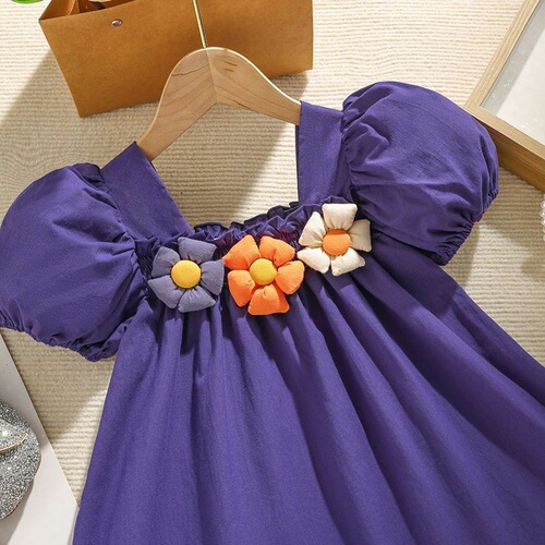 Baby Summer Dress for Girls, Cute Children's Personalized Trendy Korean Style 3D Flower Puff Sleeve Princess Dress
