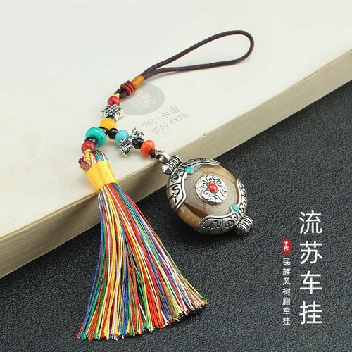 Retro Ethnic Creative Tibetan Alloy Car Ornament with Tassels, Car Air Freshener, Scenic Area Gift, Decorative Hanging Accessory