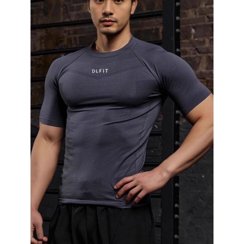Men's Seamless Jacquard Round-Neck T-Shirt Sports Fitness Quick-Drying Breathable Elastic Fitness Clothing Outdoor Running Training Clothing