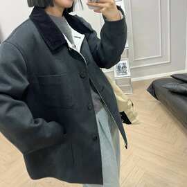 双面穿毛呢夹棉大衣撞色拼接棉服中长款秋冬外套2023新款小众设计