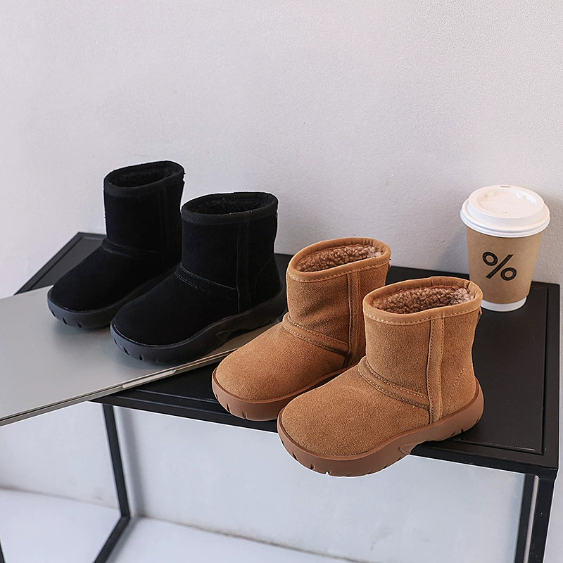 Модные популярные зимние ботинки из хлопкового снега 2024 года, новые однотонные универсальные тёплые утеплённые ботинки из хлопкового снега для мальчиков и девочек