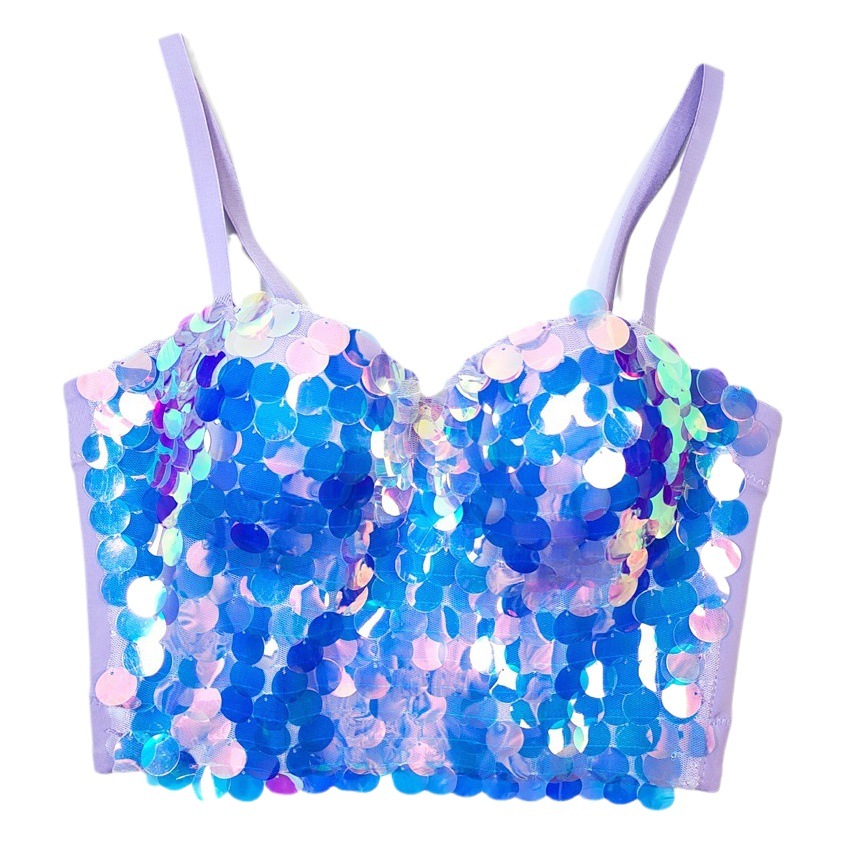 Amazon AliExpress corsé Fishbone sujetador desgaste exterior lentejuelas correa de cuentas coloridas escamas pescado envuelto chaleco pecho