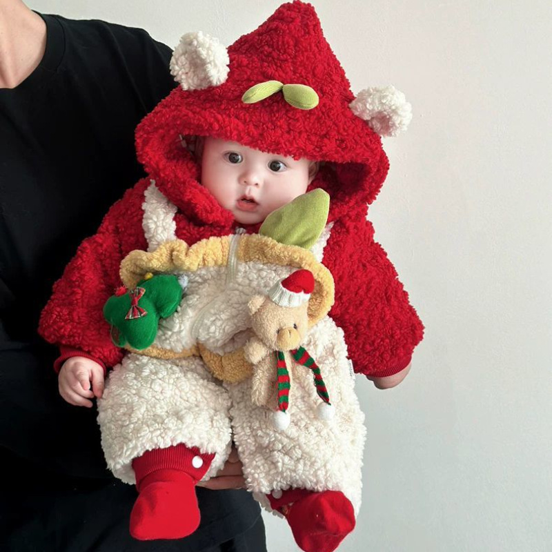 Baby Clothes Autumn and Winter Christmas Cute Super Cute Baby Jumpsuit Thickeneded Hooded Crawler Suit Full Moon Hundred Days Winter Clothing