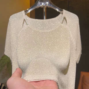 2025 New Knitted Sweater with Glitter, Large Size, Ice Silk Design, Beaded, Loose, Slimming, Clavicle, Short Sleeves, Elegant