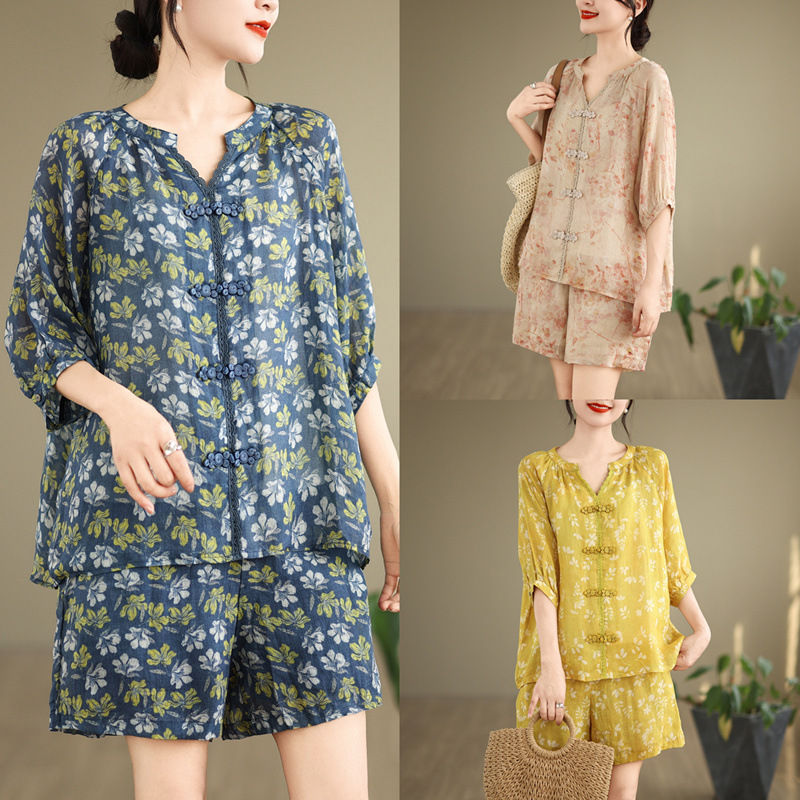 Summer New Chinese Style Retro Ramie Cotton Printed Button Mid-Sleeve V-Neck Suit Women's Elastic Waist Shorts Thin and Slim