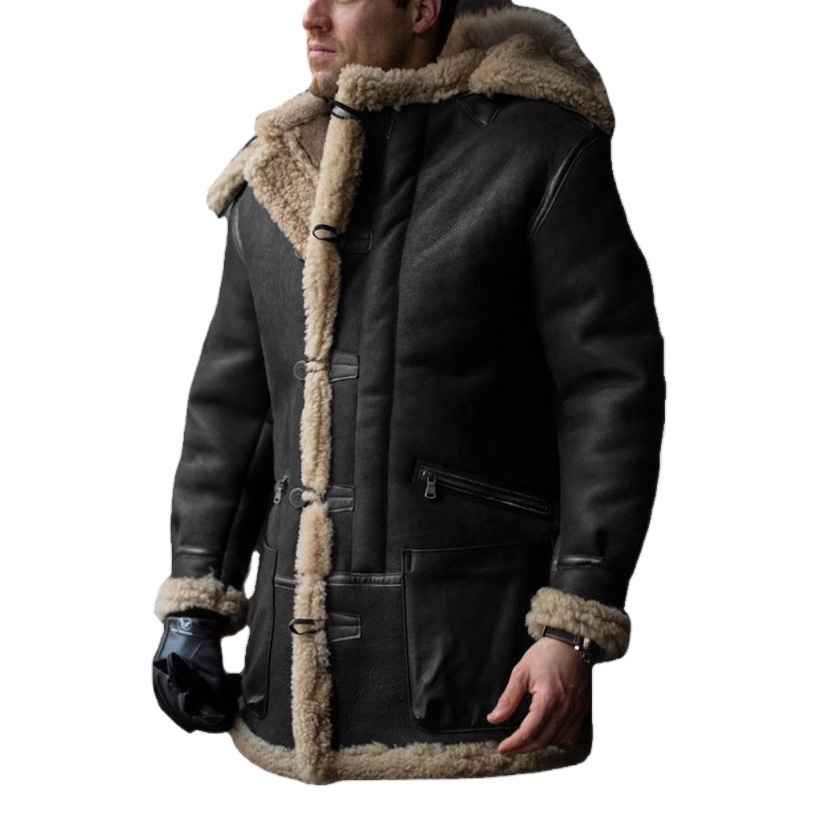 Otoño e Invierno popular piel única integrada Amazon con capucha cuello de piel engrosada abrigo de piel sintética abrigo de los hombres chaqueta de tamaño europeo