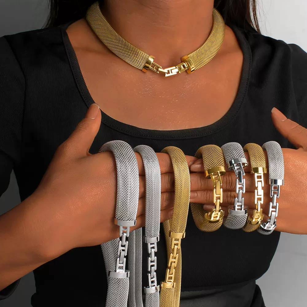 粤饰欧美跨境网状珠宝扣开口手链项链钛钢18K金不掉色时尚套装现