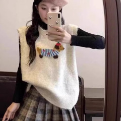 韩版卡通刺绣圆领无袖针织马甲女秋冬新款甜美外搭叠穿马夹背心潮