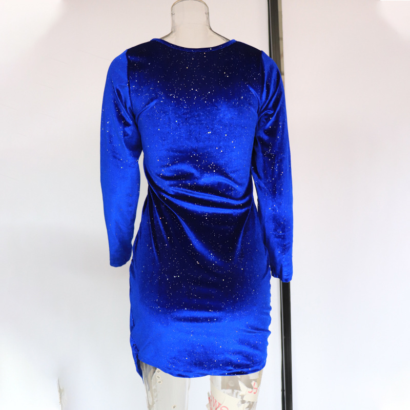 Women's Clothing Hot stamping gold velvet dress women's long sleeved fashionable lady dress sexy solid color V neck mini skirt_ipsvogv.com