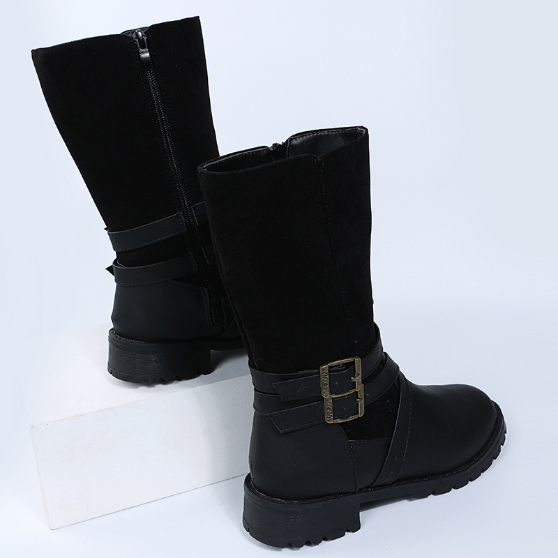 Damenschuhe, Martin-Stiefel mit mittlerer Röhre, Gürtelschnalle, runder Kopf, niedriger Absatz, Ritterstiefel mit seitlichem Reißverschluss, Lederstiefel_voghion.com