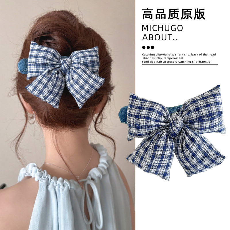 韩系蓝色格子蝴蝶结鸭嘴夹女高弹力大肠发圈耐用发绳发夹气质头饰|undefined