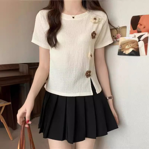 Patchwork Floral Short-Sleeve Knit Top for Women | Summer, Slim-Fit Design, Niche & Unique Cropped Split-Edge Style