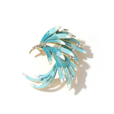 Chinese-Style Retro Enamel Brooch with Gradient Rhinestones, Elegant Phoenix Feather Brooch, High-End Accessory, Artistic Retro (Yaxa sancaqları) - phoenix-feather-blue