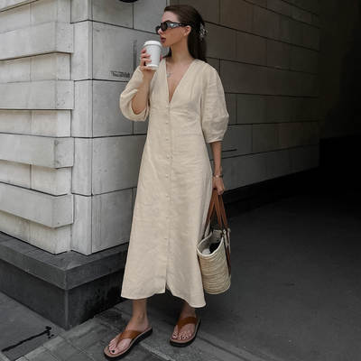 French Ins Simple Linen V-neck Bubble Sleeve Backless Lace-up dress Spring and Autumn European and American Cross-border Wholesale Long Dress