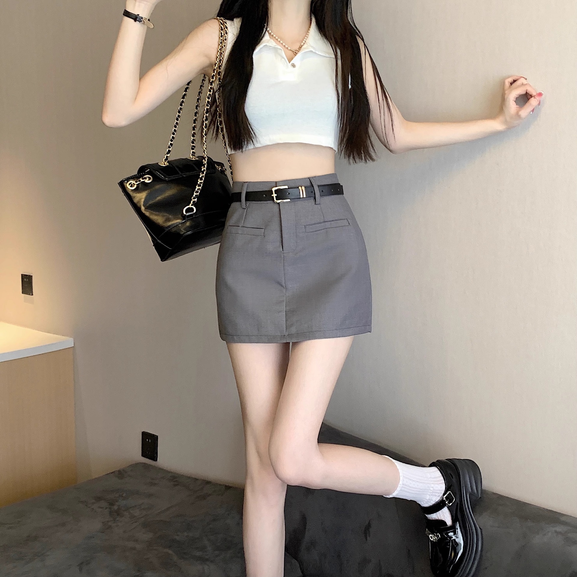 Real shot gray suit skirt women's summer new high waist skirt slimming hip skirt A- Line skirt workwear skirt