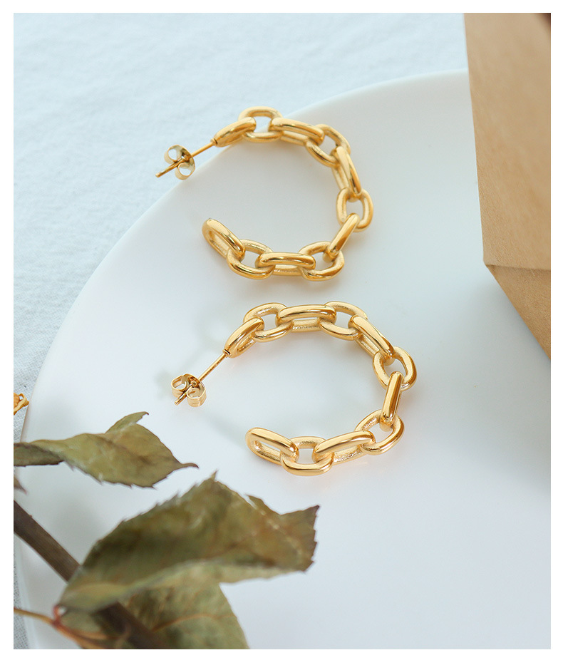 Retro Style PVD Coated Real Gold Plated C Shape Titanium Steel Retro Waterproof Non Tarnish Earrings