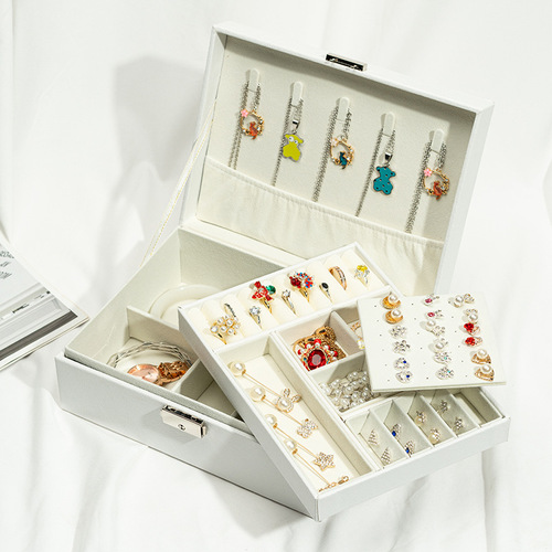 A jewelry box, double-layer jewelry organizer, multifunctional accessory storage, leather-made.