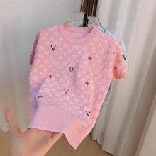 圆领短袖凹凸感彩色刺绣套头老花暗纹大朗针织衫女上衣2025新款