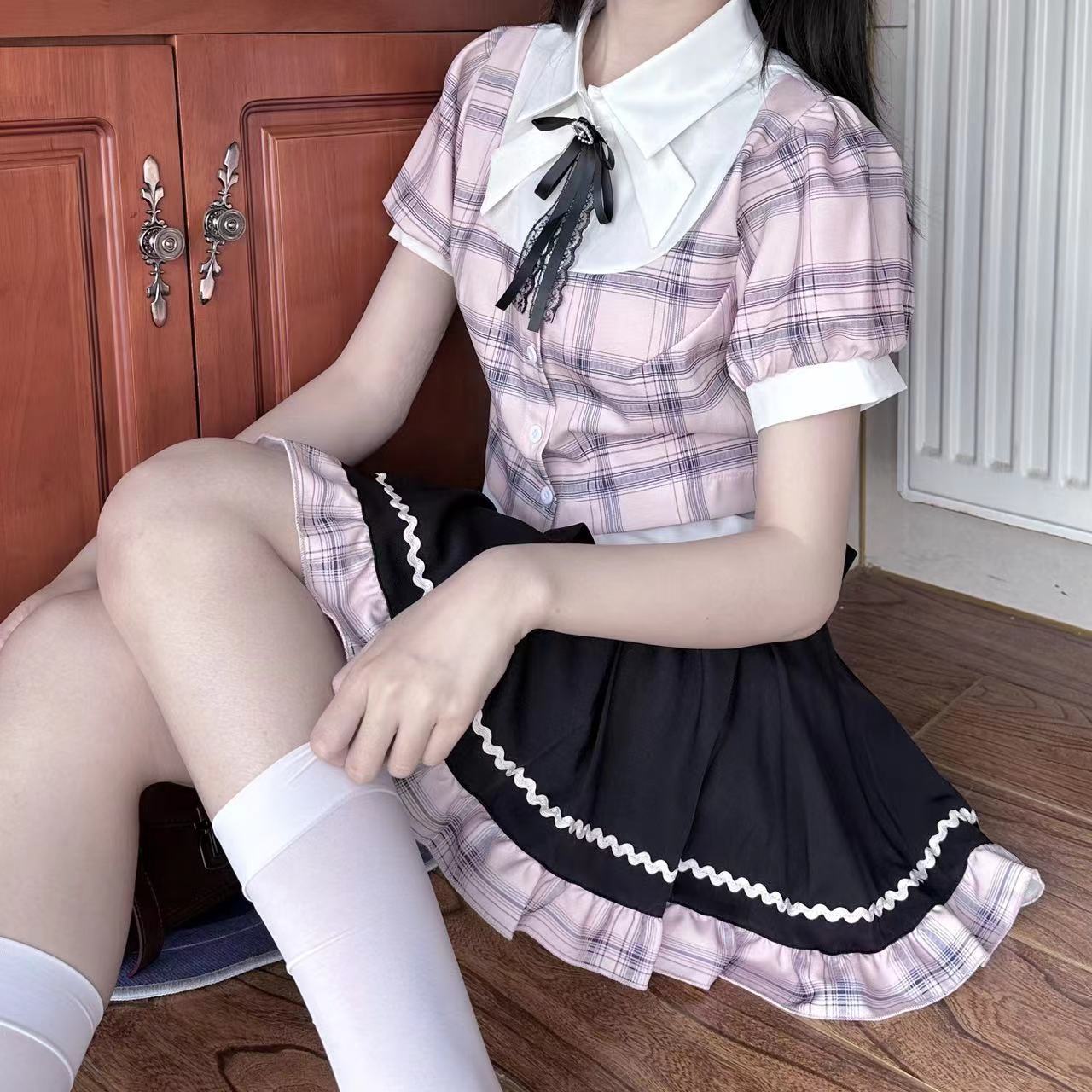 한국 소녀 대학 스타일 귀여운 달콤한 소녀 블랙 파우더 JK 유니폼 세트 작은 여름 소녀