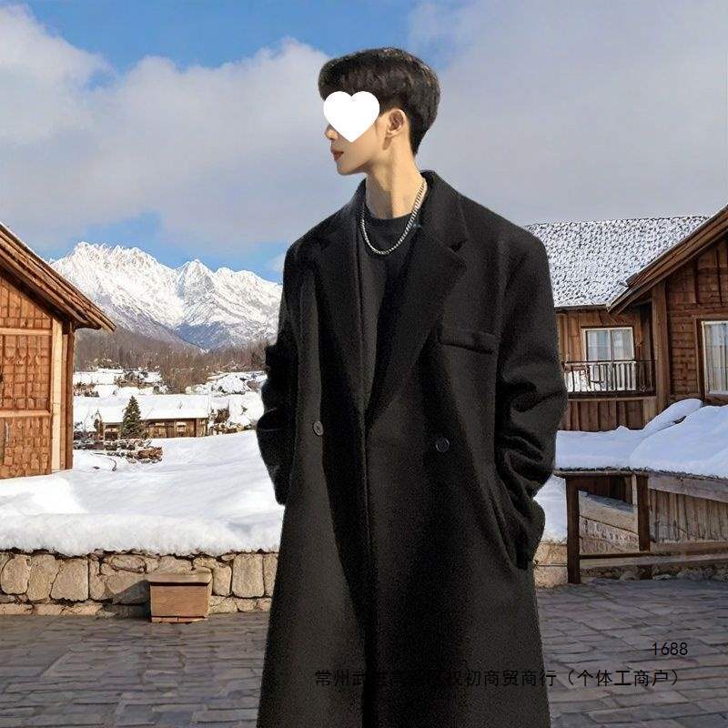 Long, over-the-knee wool coat for men, Korean style, handsome and fashionable, thick winter suit trench coat, Hong Kong style.