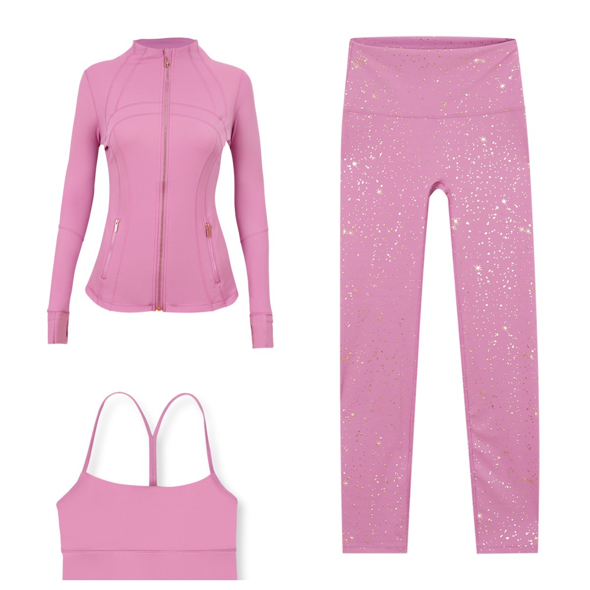 Women's 3-Piece Gold Star Workout Set – Jacket, Y-Back Sports Bra & High-Waisted Leggings For Gym, Running & Pilates (S-Xxxl, 12 Colors)_voghion.com
