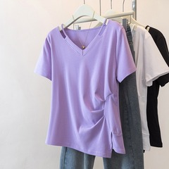 【1856人以上が好評】150kg 大きいサイズ レディース 夏 イレギュラーデザイン スリット半袖Tシャツ Vネックシャツ