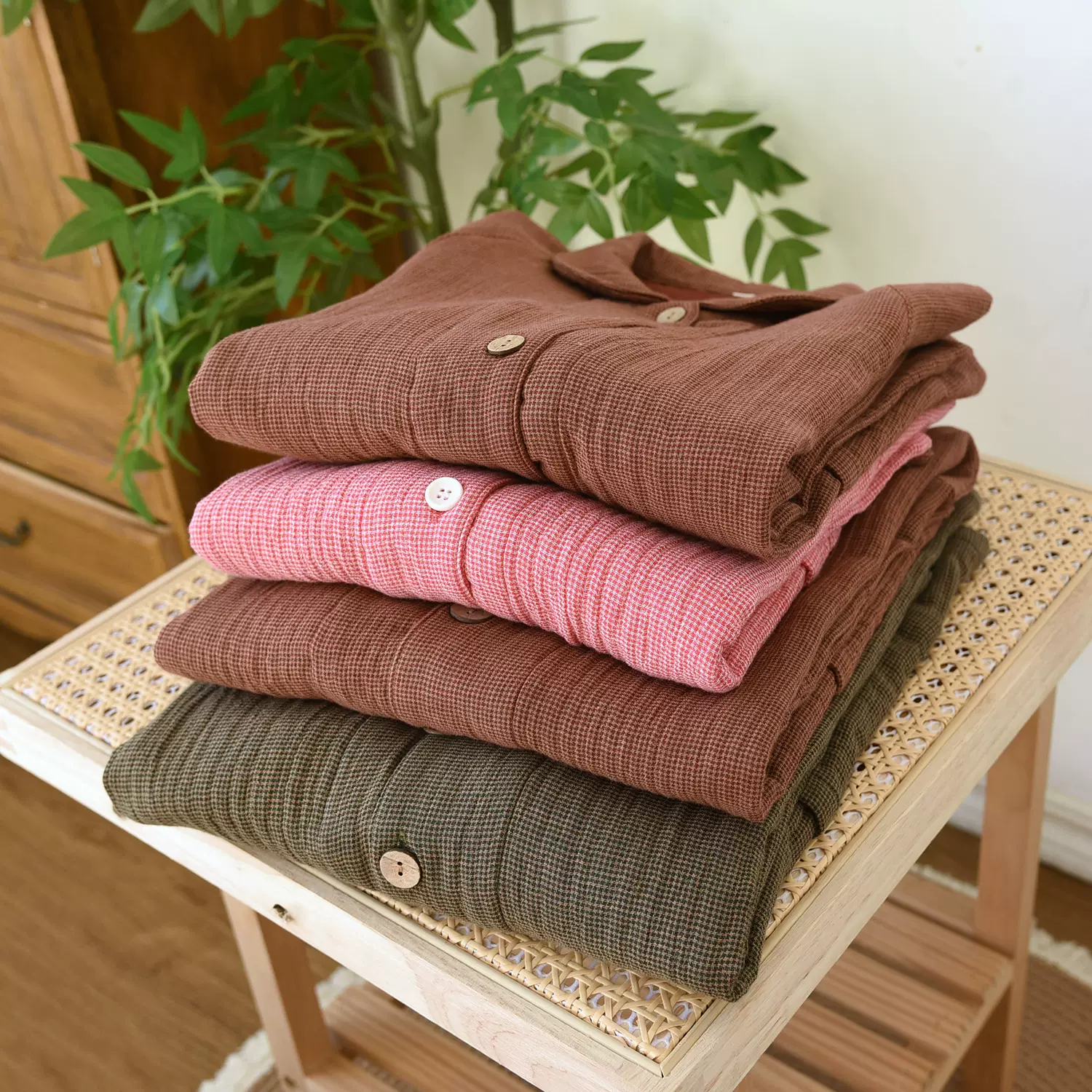 春秋新款四层纱男女士家居服水洗色织棉纱情侣装长袖长裤四季套装