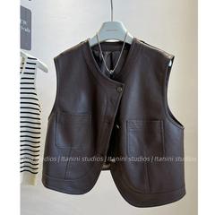 韩系穿搭复古短款PU皮马夹外套女秋装机车服无袖坎肩背心马甲皮衣