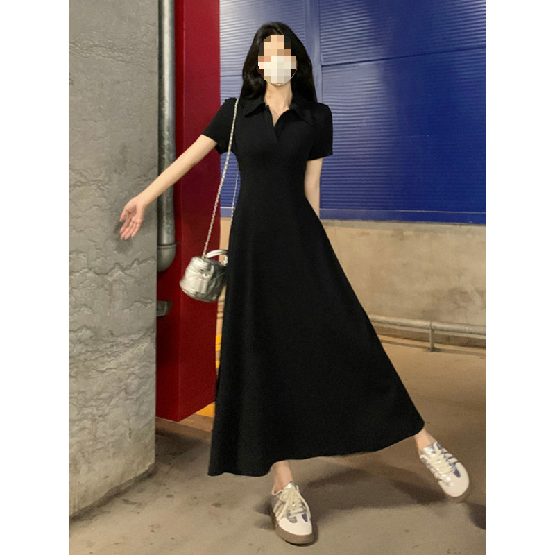 プラスサイズのファットmmカジュアルドレープ右肩ポロカラー半袖ドレス夏万能ウエスト痩身スカート|undefined