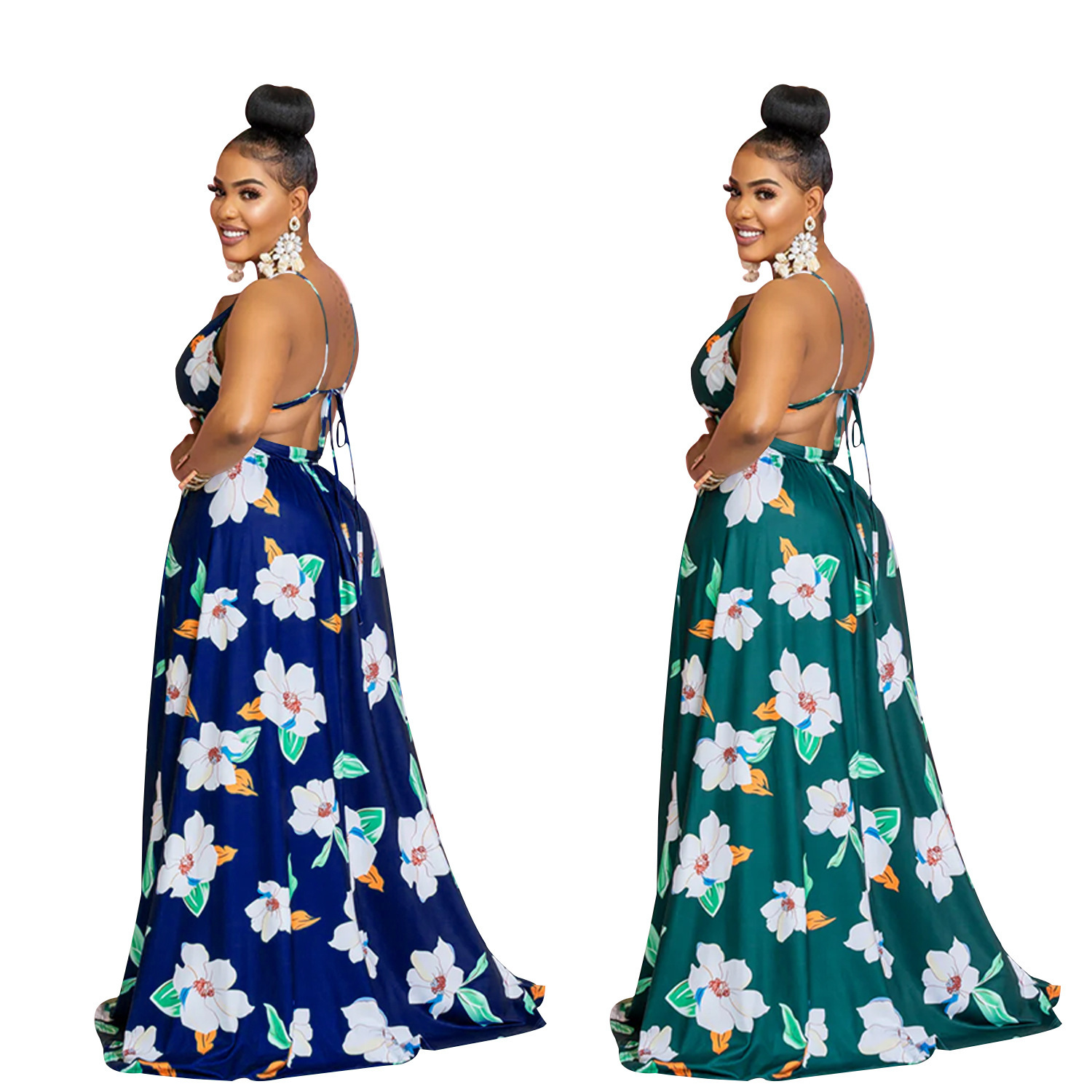 C6302 Aliexpress transfronterizo Amazon Europa y América de moda de mujer flor impresa sin mangas vestido largo