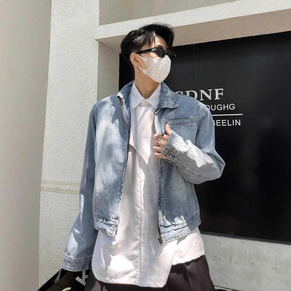 Hombrera nicho de diseño de alto grado corto otoño vintage lavado Denim chaqueta abrigo hombres ins ruoshuai