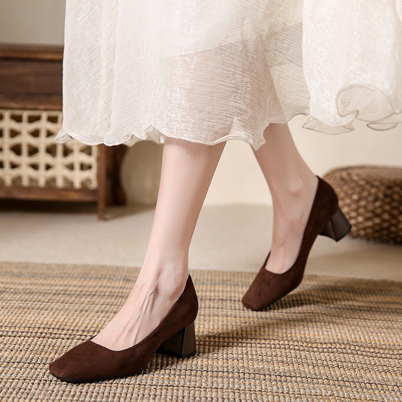 Square-Toe Chunky Heel Women's Shoes, Suede, 2026 Spring New Retro Versatile Shallow High-Heeled Shoes for Women