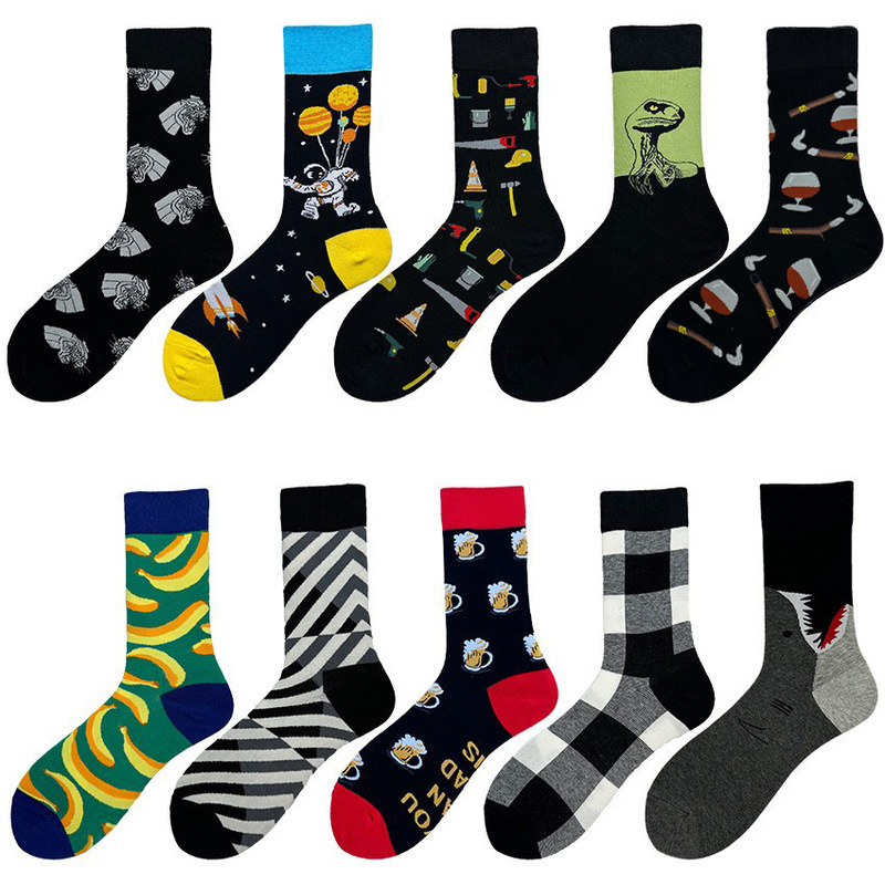 Cross-border supply plus size personality in the tube socks Tide brand personality illustration cotton socks 47 size 45 size long tube men's socks tide