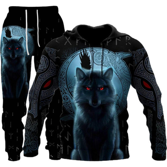 Factory direct supply Europe and the United States foreign trade new suit 3D wolf animal printing hooded pullover sweater men's fashion sweater