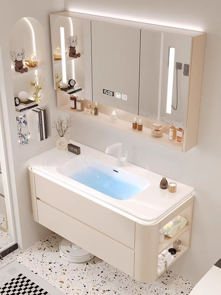 Cerámica integrada cuenca crema estilo baño gabinete combinación simple lavado de manos lavabo baño lado gabinete