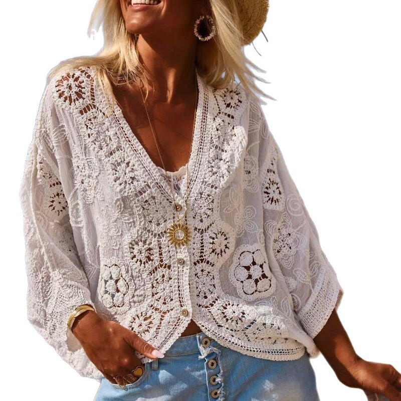 European and American Casual Foreign Trade Plus-Size Women's Jacket Amazon Independent Site Hollow-Out Knit Vacation Beach Cover-Up European and American Casual Foreign Trade Plus-Size Women's Jacket Amazon Independent Site Hollow-Out Knit Vacation Beach Cover-Up