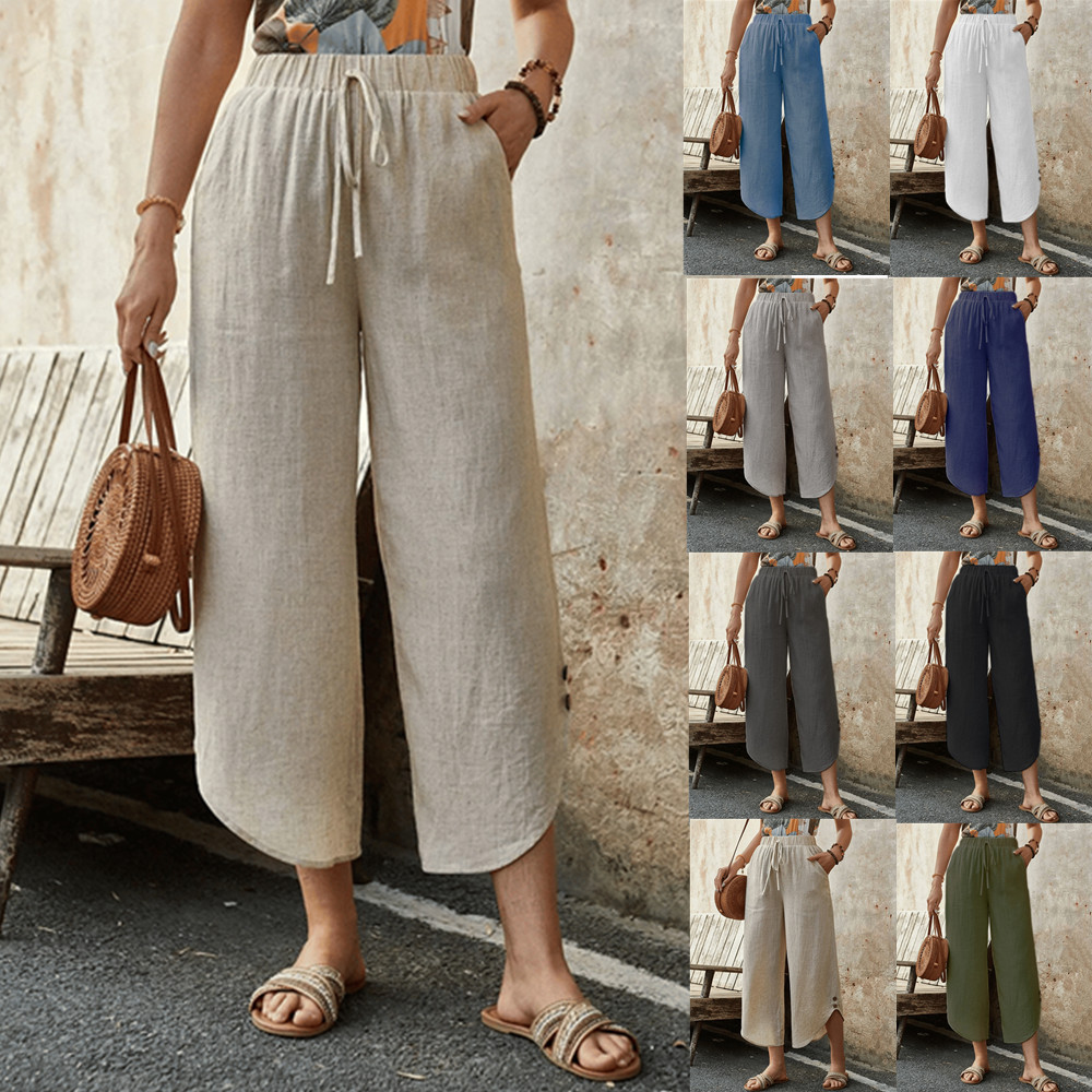 2025 New European and American Amazon Independent Station Cotton and Linen Drawstring Ankle-length Pants with Pocket Casual Pants Women's Loose