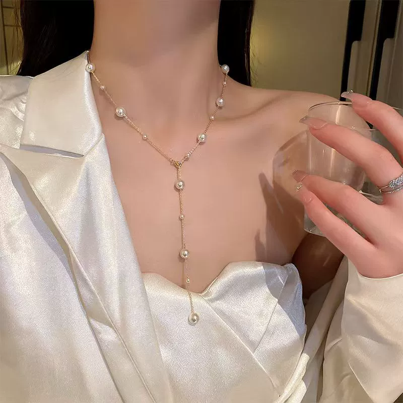 Necklace with tassels from pearl, adjustable universal chain for key bag , light luxury style, high-quality style