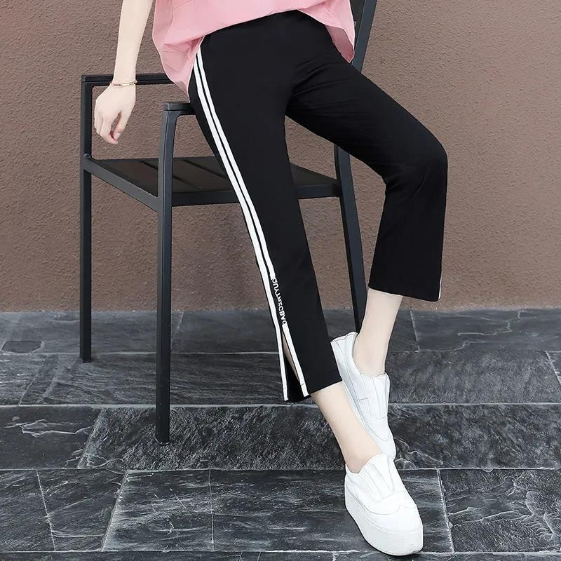 Side-Striped Plus-Size Split Hem Cropped Sweatpants Summer New Slimming Elastic High-Waisted Cropped Casual Harem Pants for Women Side-Striped Plus-Size Split Hem Cropped Sweatpants Summer New Slimming Elastic High-Waisted Cropped Casual Harem Pants for Women