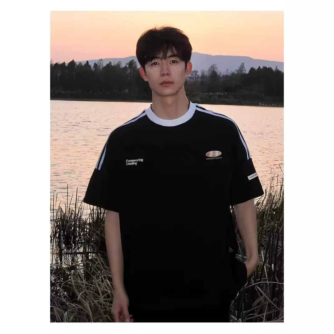 Футболки с короткими рукавами мужские приливы 100% хлопчатобумажные американские футболки для мужчин и женщин свободные топы ретро плечо с короткими рукавами для пар ins