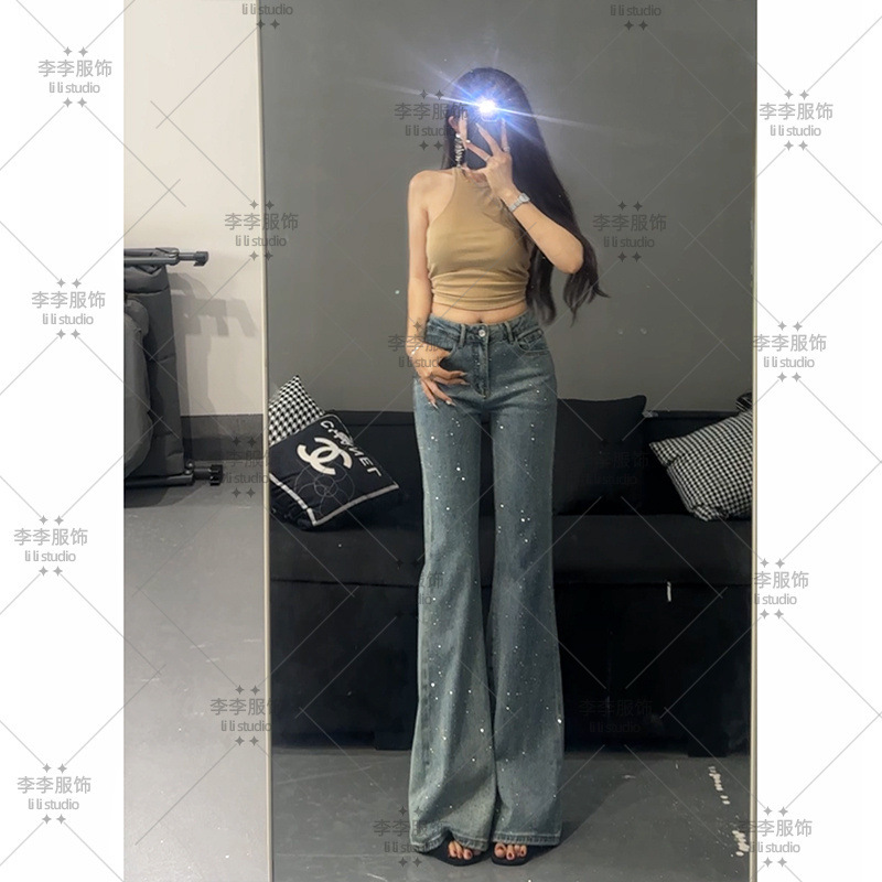 重工设计烫钻高腰微喇牛仔裤女2025年秋季新款不贴腿显瘦喇叭裤|undefined