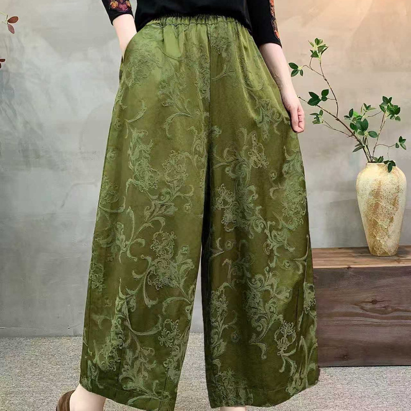 2026 Autumn-Summer Satin Jacquard Loose Women's Harem Pants, Plus Size Elastic Waist, Artistic Women's Cropped Pants
