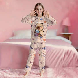 跨境水豚图案2件套女童3D印花睡衣加睡裤休闲舒适家居服一件起批