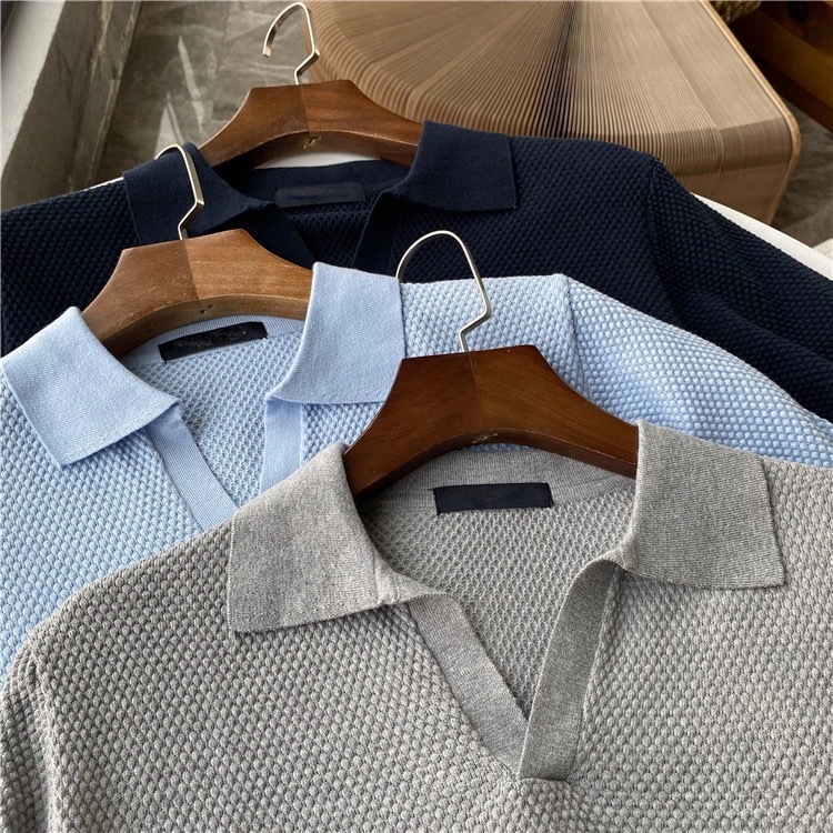 2025 primavera y verano nuevo estilo americano estilo perezoso suéter de punto ligero para hombre, camisa POLO de manga corta con solapa guapa